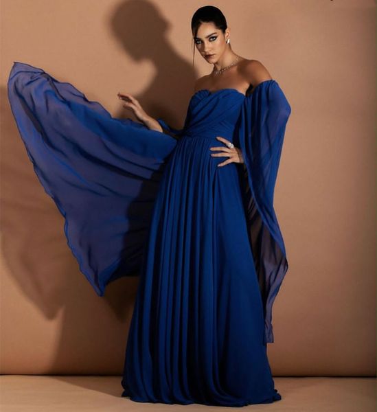 Abiti da ballo vintage lunghi blu a cuore con mantella a trapezio in chiffon lunghezza pavimento pieghe abito da sera formale per feste Robes de Soiree per le donne