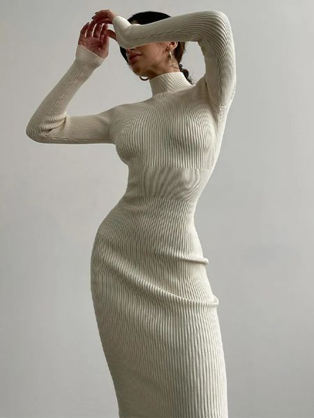 Kentsel Seksi Elbiseler Xizou Örgü Beyaz Elbise Bıkıksız Kenti Uzun Kollu Bodycon Sonbahar Kış Zarif Parti Kadınlar İçin Siyah 231023