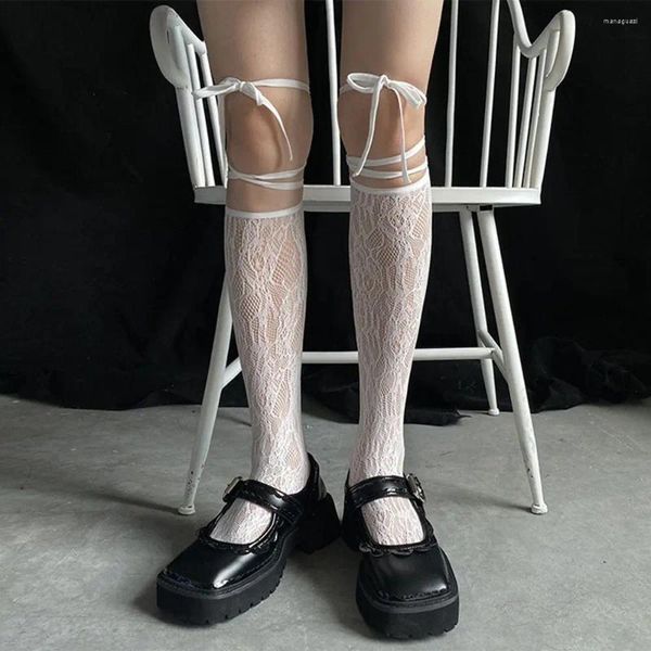 Frauen Socken Bogen Riemen Cosplay Prinzessin Band Harajuku Hohl Lolita Kalb Spitze Strümpfe Mädchen Split Toe