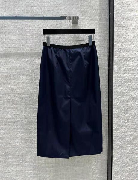 Saias 2023 moda boa qualidade traseira fenda design webbing emenda azul marinho tecido de nylon saia longa