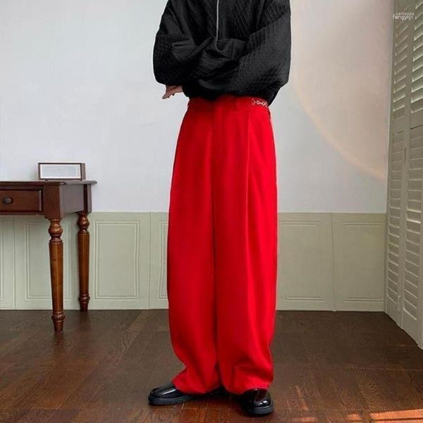 Calças masculinas homens vintage personalidade vermelho homens ternos calças casuais perna larga cadeia moda coreana solta reta oversize retro clube