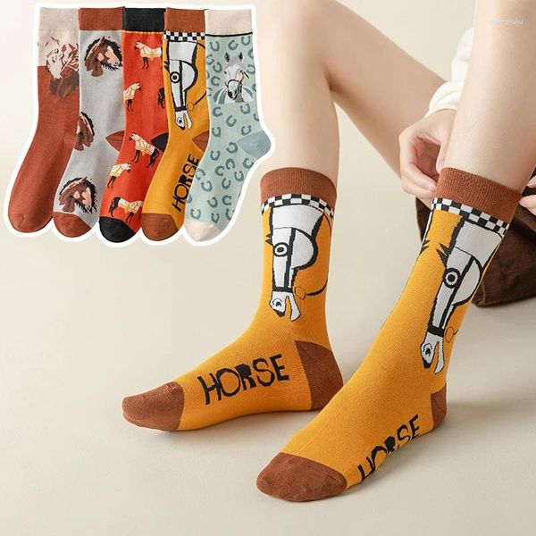 Frauen Socken Mode Crew Frühling Herbst Winter Elegante Kunst Nettes Pferd Kawaii Cartoon Harajuku Bequeme Casual Mid Tube Sox