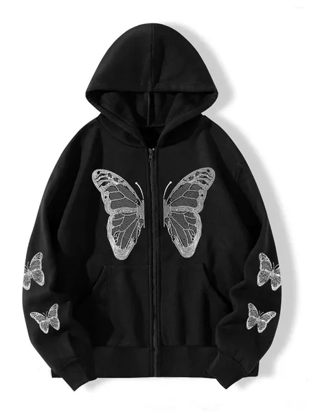 Hoodies femininos outono/inverno 2023 europeu e americano y2k borboleta impressão tamanho grande solto bolso com capuz zíper casaco masculino