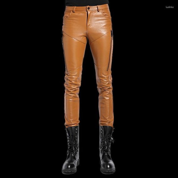 Pantaloni da uomo in vera pelle da uomo vera pelle di pecora coreana skinny stretti pantaloni da motociclista maschile 2023 primavera autunno Plus