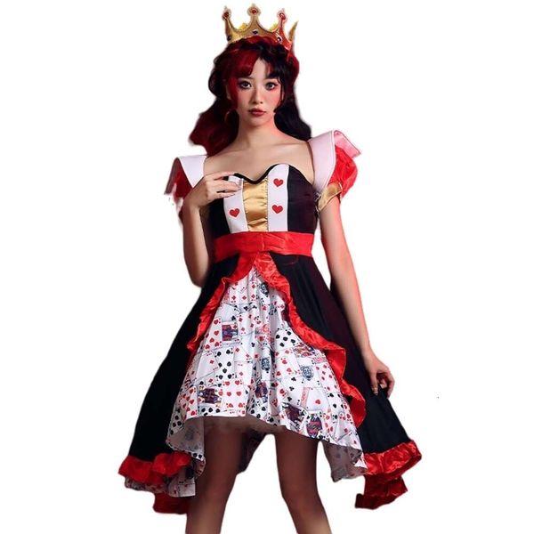 Halloween-Kostüm für Damen, Designer-Cosplay-Kostüm, Halloween-Kostüm, rote Königin, Poker-Print-Kleid, Alice im Schlafwandeln im Wunderland, Königin des Herzens, Rollenaufführung