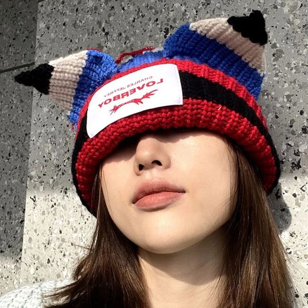 Beanie / Skull Caps Loverboy Cat Ear Knit Hat Outono e Inverno Dupla Camada Quente Hip Hop Cute Fashion Patch Nicho com Capuz Personalizado ColdHat 231023