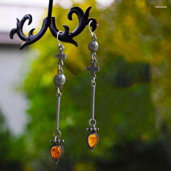 Dangle brincos tribo gota de água laranja pedra gancho vintage antigo prata cor longa cruz metal para jóias femininas