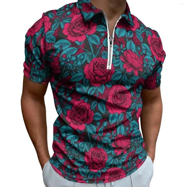 Herren Polos Rote Rosen Print Poloshirts Mann Vintage Blumen Freizeithemd Tag Streetwear Reißverschluss T-Shirts Kurzarm Übergroße Kleidung