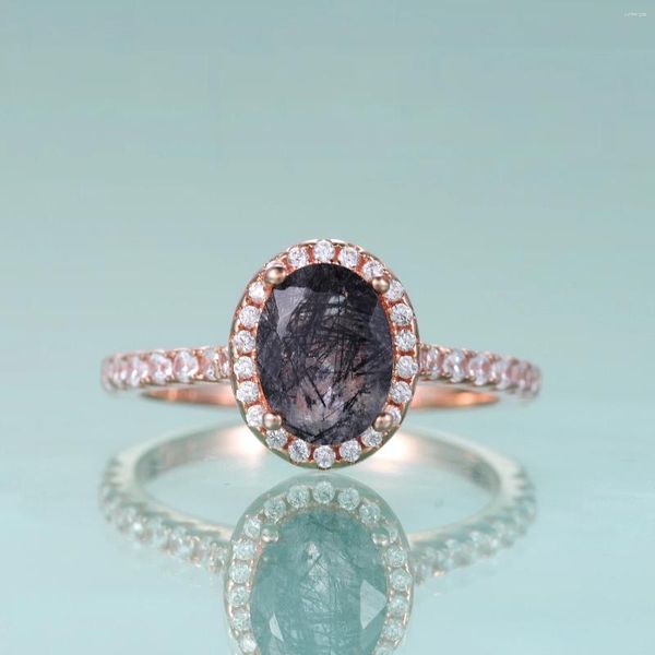 Кольца-кластеры GEM'S BALLET 6X8mm Овальный натуральный черный рутилированный кварц с драгоценным камнем Обручальное кольцо из стерлингового серебра 925 пробы Подарок для нее