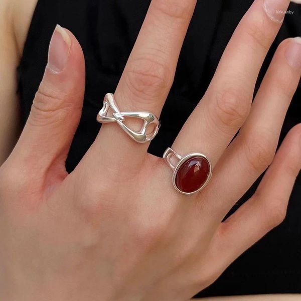 Cluster Ringe Mode Silber Farbe Offener Fingerring Roter Stein Geometrisch Stapelbar Punk Für Frauen Mädchen Schmuck Geschenk Dropship Großhandel