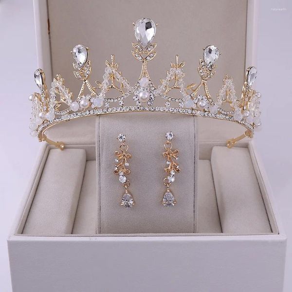 Grampos de cabelo feminino doce folha com cristal coroa brinco conjunto artesanal frisado tiara festa de casamento headwear