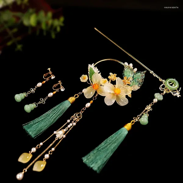 Заколки для волос, свадебные головные уборы, китайский классический цветочный ступенчатый шпилька, зеленая бахрома после прессования, аксессуары для платья Cheongsam Xiuhe