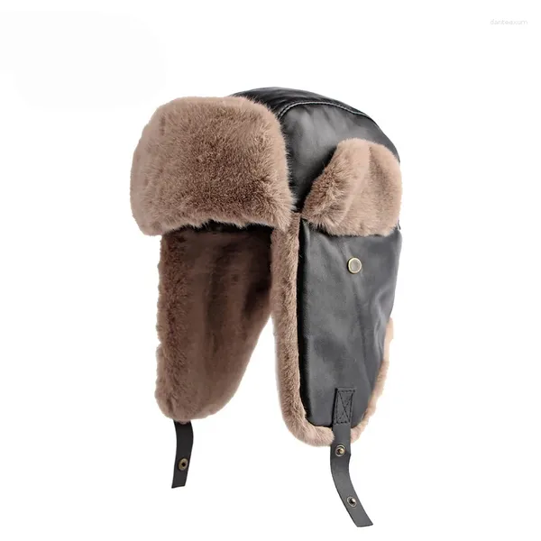 Berretti invernali da uomo PU in pelliccia di Rex naturale cappelli bomber freddi donne russe calde cappelli in vera pelle di pecora berretti maschili