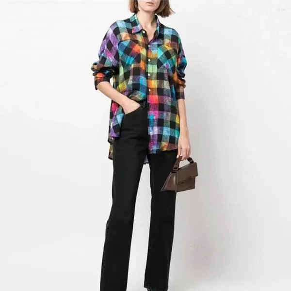 Blusas femininas camisa 2023 outono y2k xadrez impressão dupla camada de algodão lapela manga comprida moda versátil camisas topos