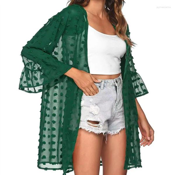 Mulheres Swimwear 2023Summer Moda Praia Protetor Solar Bola de Pelúcia Jacquard Transparente Cardigan Manga Flare Elegante Sexy Capa