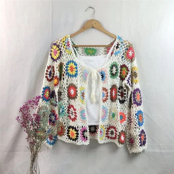 Suéteres femininos primavera outono mulheres estilo étnico artesanal crochê cardigan mujer boho colorido oco out malha camisola casaco jaqueta 231021