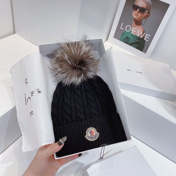 Caps 2023 gorro de inverno Monclair Hat Women Women Mens Designer Authentic Knit Hat Oversized Fox Fur Ball Site oficial 1: 1 Caps: High Q