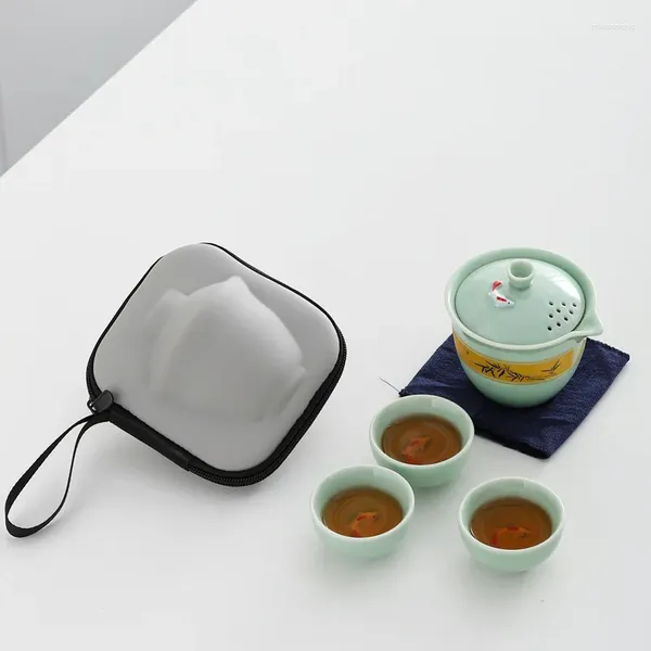 Teegeschirr-Sets, Celadon Outdoor, tragbares Reise-Teeset, eine Kanne mit drei Tassen, Quik-Teetassen, kleines Geschenkset. Chinesisches Gongfu