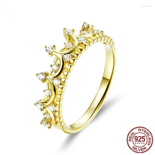 Con pietre laterali Panmoer Autentici anelli in argento sterling 925 con corona principessa color oro per le donne Anello nuziale gioielli Anel SCR493