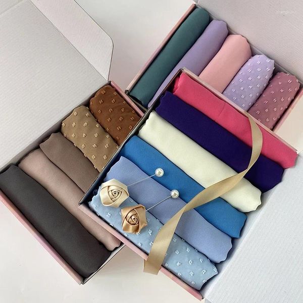 Roupas étnicas Luxo Personalizado Hijab Box para Mulheres Pom Bolha Chiffon Cachecol Muçulmano Xale Simples Suave Turbante Cabeça Wraps Headband Foulard