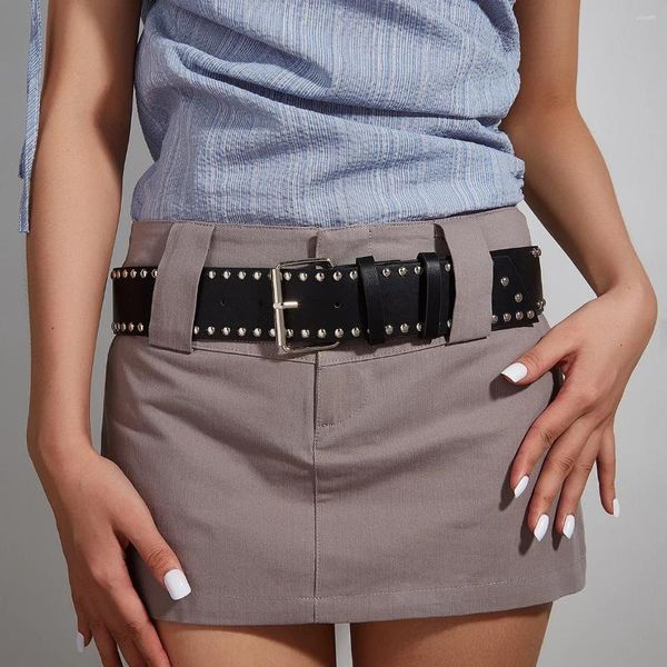 Cintos Studs Moda Cinto Largo para Mulheres Estilo Punk Personalidade Jeans Acessórios Gótico Casual Versátil Metal Pin Fivela