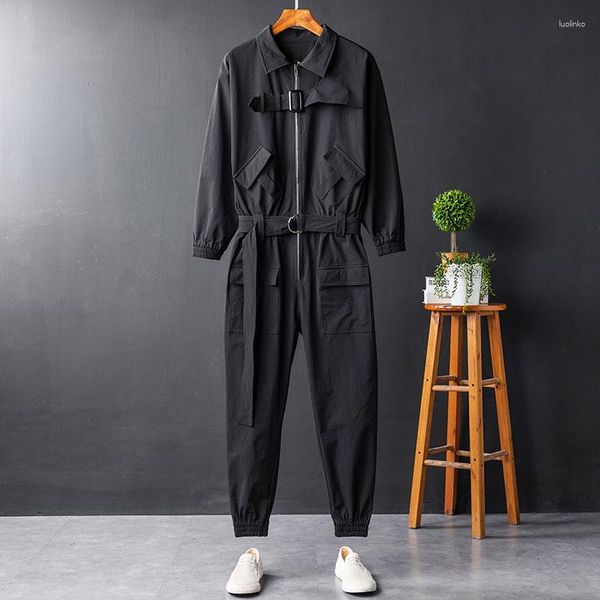 Herrenhosen Herren Herbst Overalls Männer Overall Revers Lange Ärmel Reißverschluss Strahl Füße Lose Streetwear Mode Kleidung Fracht Schwarz