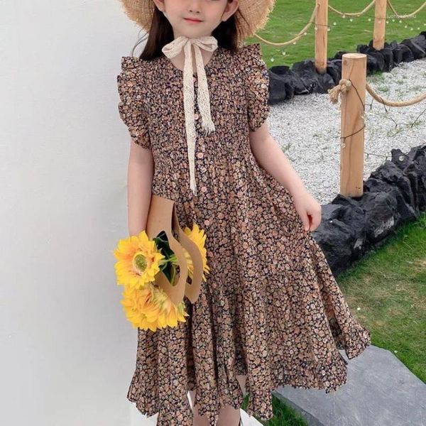 Vestidos de menina bebê verão vintage feito à mão smocking floral impresso vestido crianças casual longo princesa