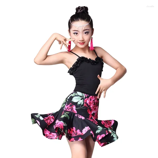 Stage Wear Bambini Salsa Latina Dress Bambini Sala da ballo Rumba Samba Gonna Kid Ruffle Spandex Cha Tango Dance For Girls