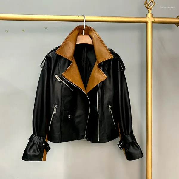 Damen Leder 2023 Designer Schaffell Slim Biker Mantel Frauen Büro Mischfarben Reißverschluss Echte Jacke Mode Volle Hülse Kurze Oberbekleidung