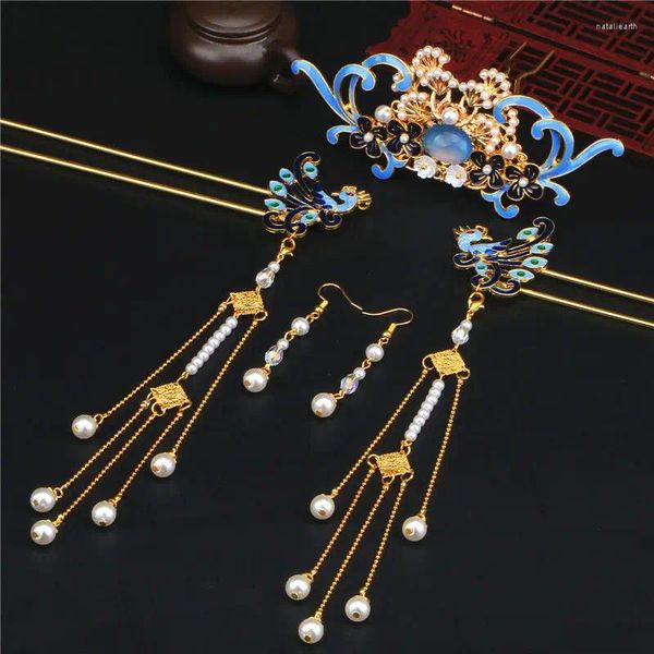 Grampos de cabelo Chinês Hanfu Flor Azul Phoenix Beads Tassel Crown Antique Headdress