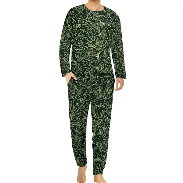 Pijamas masculinos Ditsy Floral Pijama Masculino Verde Denso Flor Bonito Inverno Manga Longa 2 Peças Quarto Conjunto Gráfico Tamanho Grande 5XL