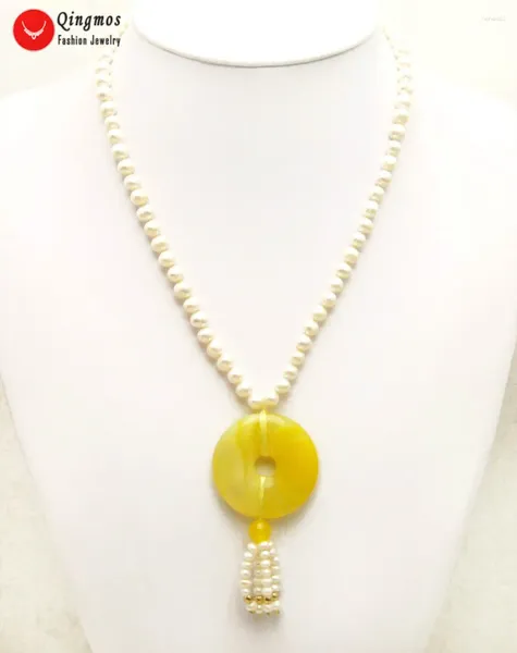 Colares de pingente Qingmos Colar de pérola natural para mulheres com 6-7mm branco redondo 40mm donuts forma amarelo ágata jóias