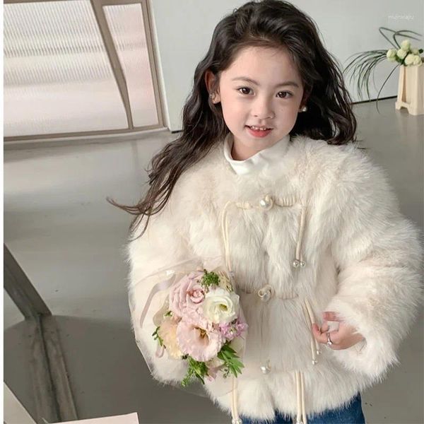 Down Coat Girls 'Fur Grass Children's Giyim 2023 Kış İnci Tokalı Klip Pamuk Mizaç Ünlü 4-69