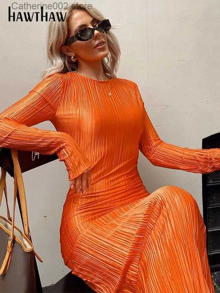 Urban Sexy Kleider Hawthaw Frauen Mode Langarm Streetwear Bodycon Orange Midi Kleid 2022 Herbst Kleidung Großhandel Artikel Für Business T231023