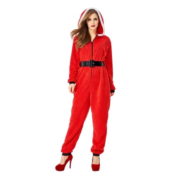 Cosplay traje de natal feminino designer cosplay traje novo adulto feminino vermelho natal com capuz calças de uma peça santa carnaval roupas de festa