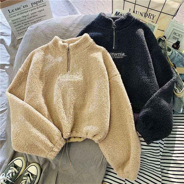 Damen-Kapuzenpullover, halbhoher Kragen, Plüsch und dickes Lamm, kurze Sweatshirts für weibliche koreanische Modestudenten, Herbst-Winter-warmer Mantel