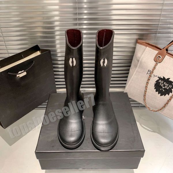 Designer sapatos de inverno das mulheres botas de salto alto joelho plataforma botas de chuva de luxo pele de carneiro sola grossa marca de borracha preto tamanho eur 35-40