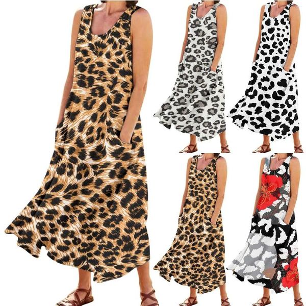 Casual Kleider Sexy Leopard Baumwolle Leinen Lange Für Frauen Sommer Ärmellose Boho Strand Sommerkleid Lose Tank Maxi Kleid Mit Tasche vestido