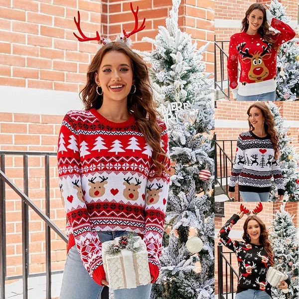 Suéteres femininos Rena Jacquard Casual Pulôver Suéter de Natal Preguiçoso Outono e Inverno Europeu Americano Malha