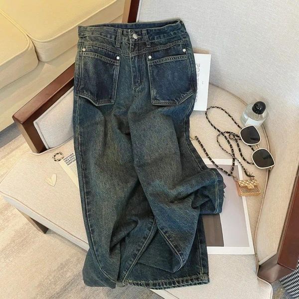 Женские джинсы темно-синего цвета с высокой талией и трехмерным карманным дизайном, прямой и свободный крой, обтягивающий широкий деним P