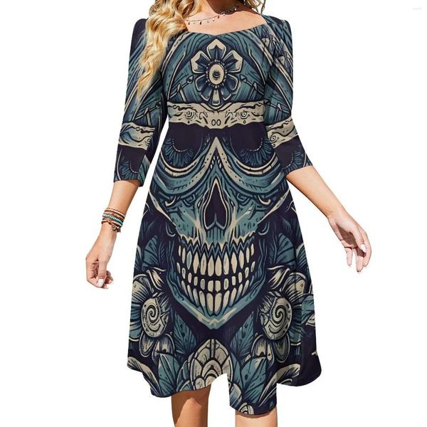 Casual Kleider Gothic Print Kleid Sommer Blau Schädel Strand Frauen Drei Viertel Street Wear Muster Übergroßen