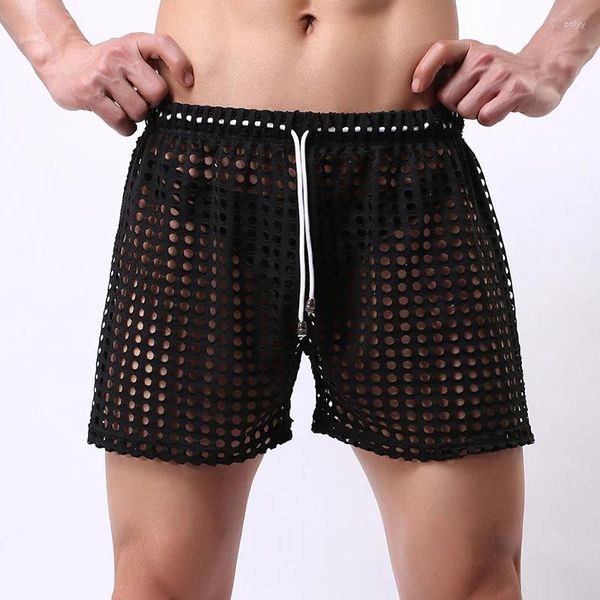 Shorts masculinos de secagem rápida troncos de malha oca homens transparentes boxers de sono para fora elastici palestra fishnet bottoms causal solto