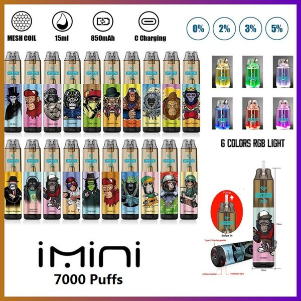 Sigarette elettroniche autentiche 7000Puffs IMINI TORNADO 7K Monouso 850mah Batteria Mesh Coil Dispositivo flusso d'aria Capacità 15ml Kit penna preriempita Vapes Disponibile veloce