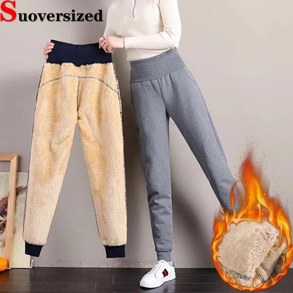 Calças femininas inverno lambswool mulheres sweatpants cintura alta quente joggers casual baggy engrossar harem oversized 4xl velo forrado pantalones