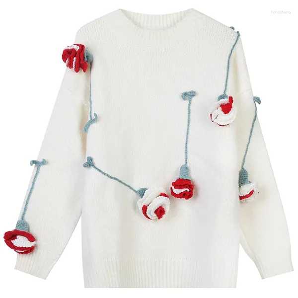 Женские свитера, осенне-зимние пуловеры, женский свитер высокого качества, вязаный крючком, с вышивкой розы, свободные вязаные джемперы женские