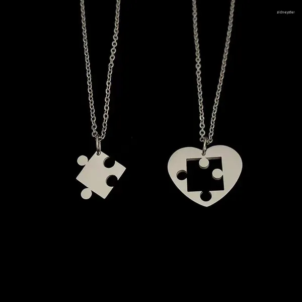 Anhänger Halsketten 2 stücke Paar Jigsaw Pendent Für Frauen Männer Silber Farbe Puzzle Herz Poliert Halskette Schmuck Urlaub Geschenke