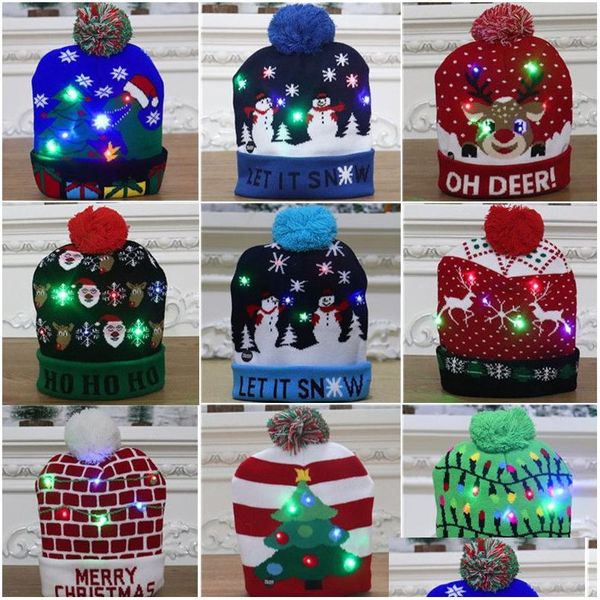 Decorações de Natal 2024 LED Chapéu de malha Beanie Light Up Iluminar Chapéus Quentes para Crianças Adts Ano Decoração Drop Delivery Home Garden F Dhjyb