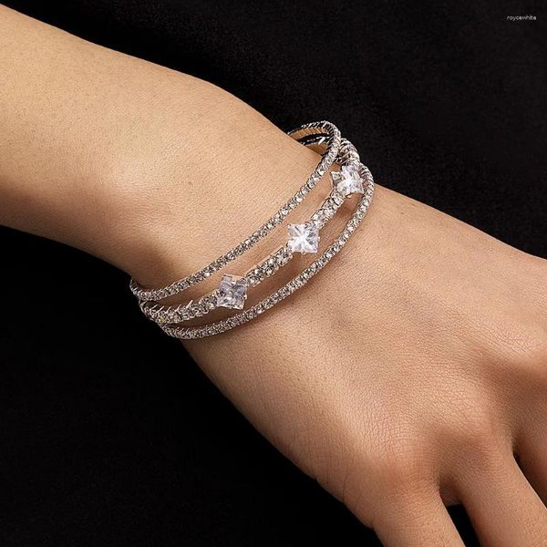 Bangle Tendência Pulseira Dourada Personalidade Romântica Cristal Multi-Camada Abertura Ampla Tipo Jóias Acessórios Femininos