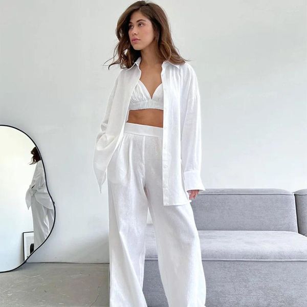 Pantaloni a due pezzi da donna Set casual bianco per le donne Camicetta elegante da vacanza e pantaloni lunghi Completi di pantaloni a vita alta 2023