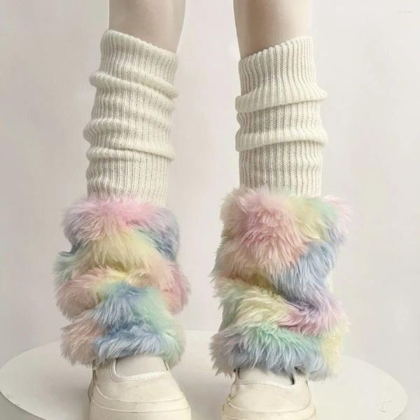 Calzini da donna Carino colorato arcobaleno scaldamuscoli peluche imitazione pelliccia giapponese lavorato a maglia sopra il ginocchio tubo invernale caldo copertura lunga